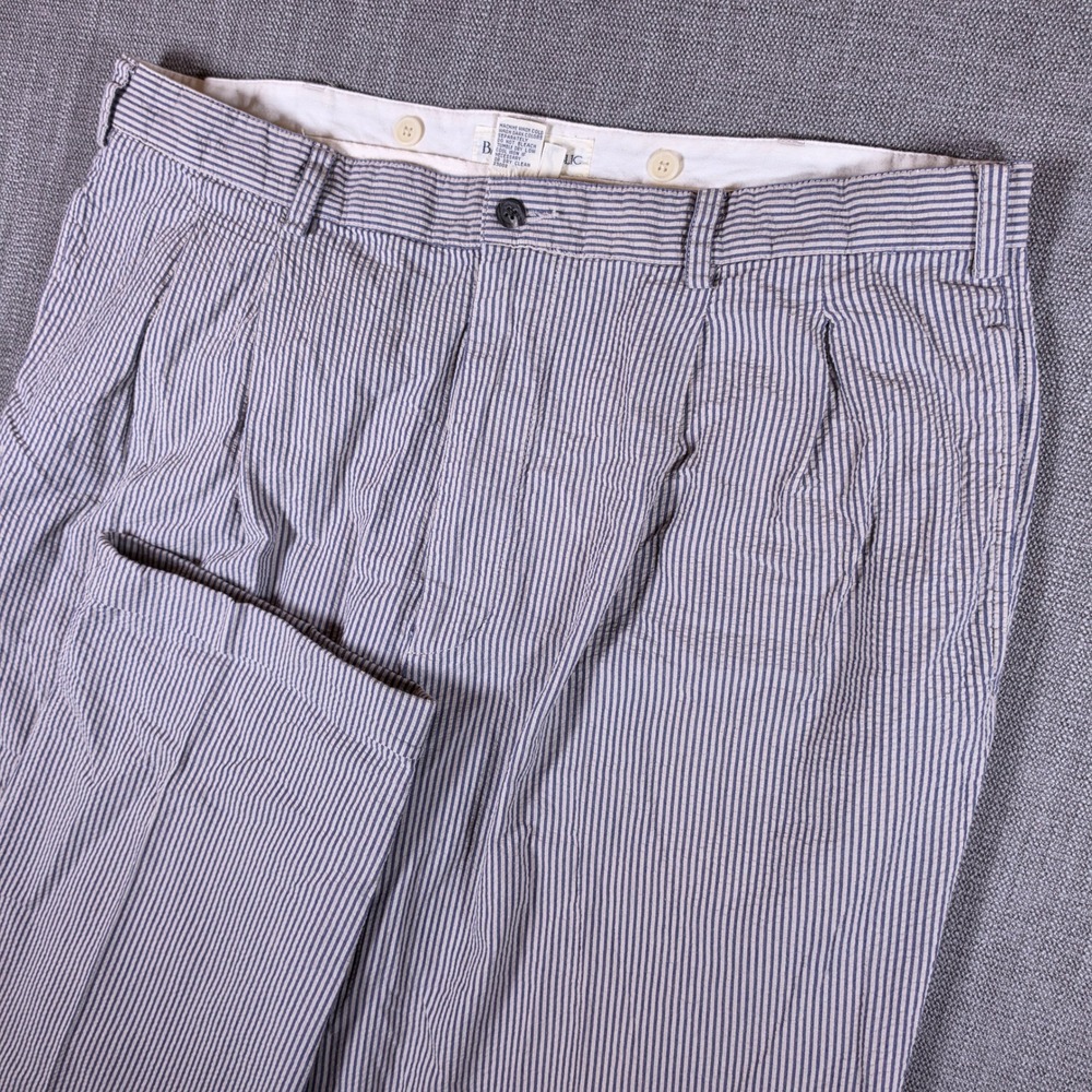 Banana Republic Pants Mens 40/34 Blue White Striped Pleated Seersucker Cuffed‎